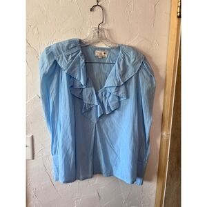 Mille Light Blue Ruffled V Neck Puff Sleeve Blouse Top XS